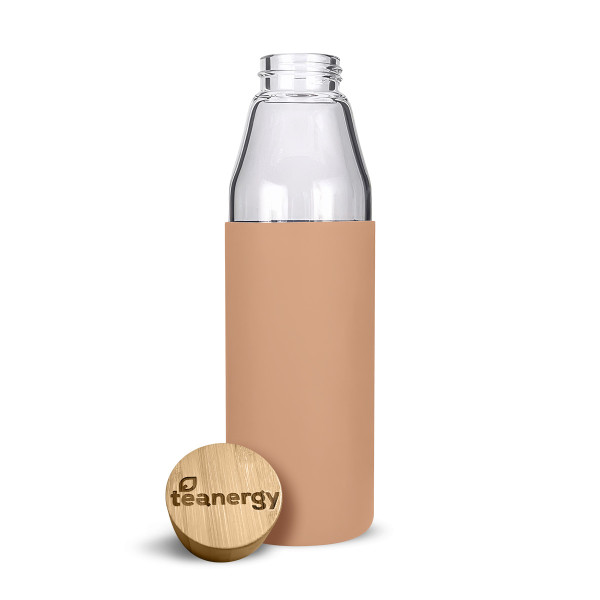 Teanergy láhev z borosilikátového skla s bambusovým víčkem, silikonový obal orange, 500ml